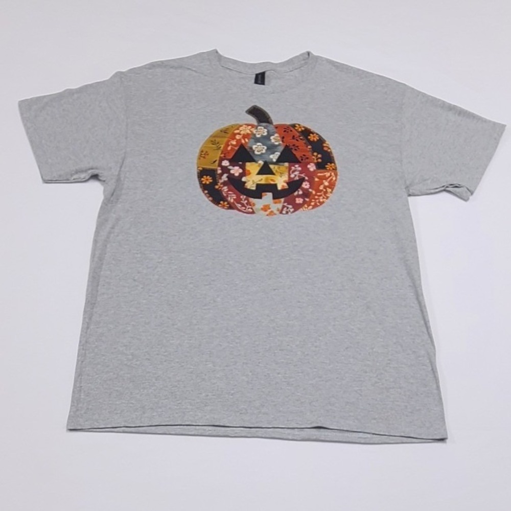 Heather Grey Patchwork Pumpkin Halloween Graphic Tee Shirt Large